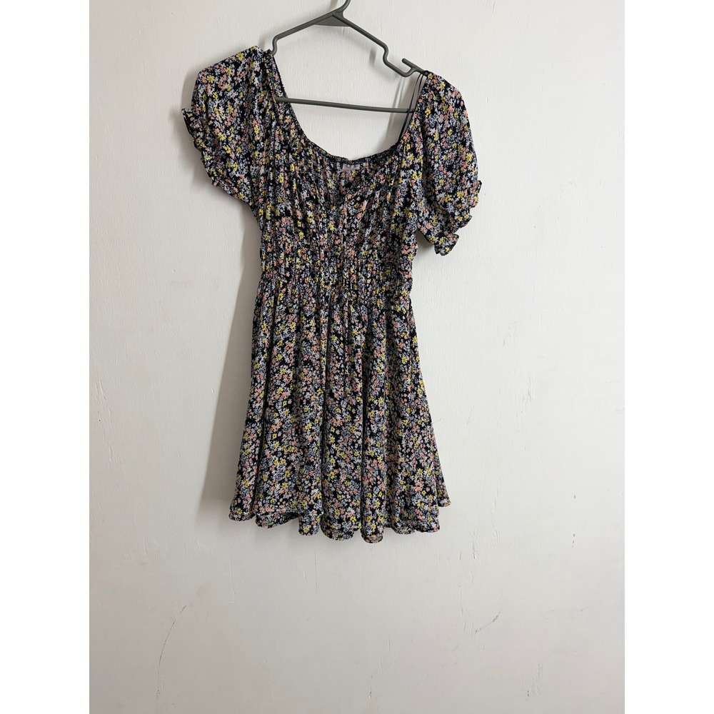 No Boundaries Floral Mini Dress Black Pink Yellow Smocked Waist Cottagecore M